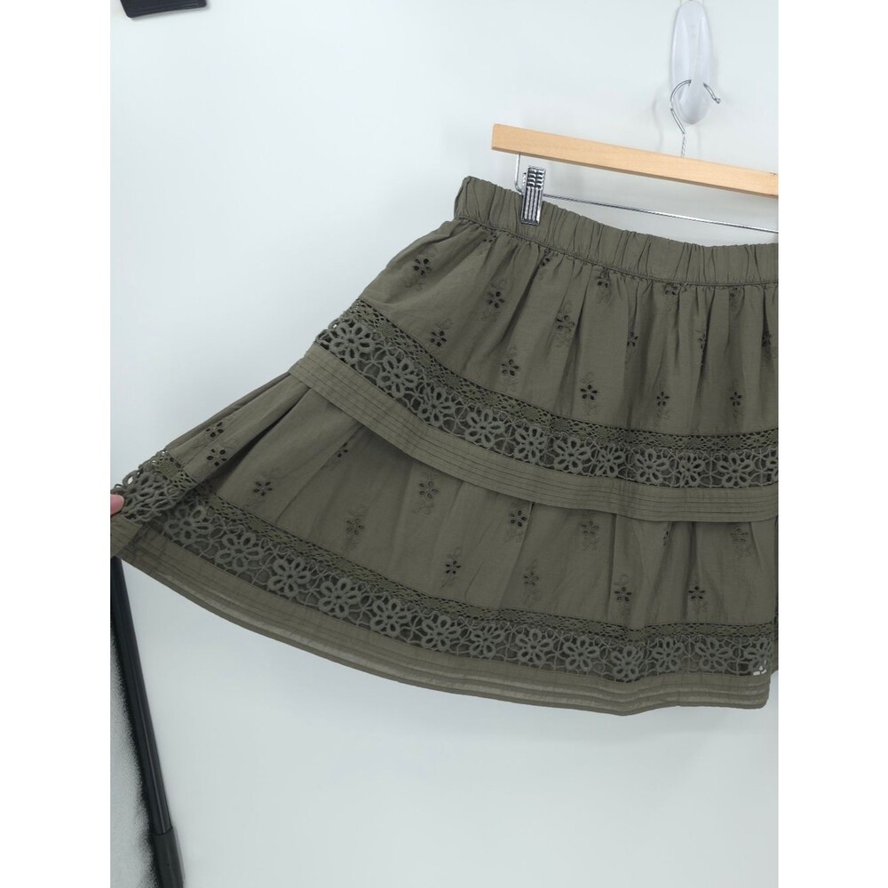 Lucky Brand Tiered Eyelet Skirt Goblincore Green Floral Schiffli Embroidery Boho - Picture 4 of 12